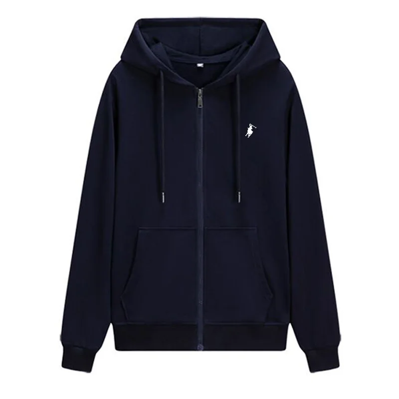 Mens Hooded Jacket Long Sleeved With Drawstring Zipper Closure Solid Color Casual Sportswear