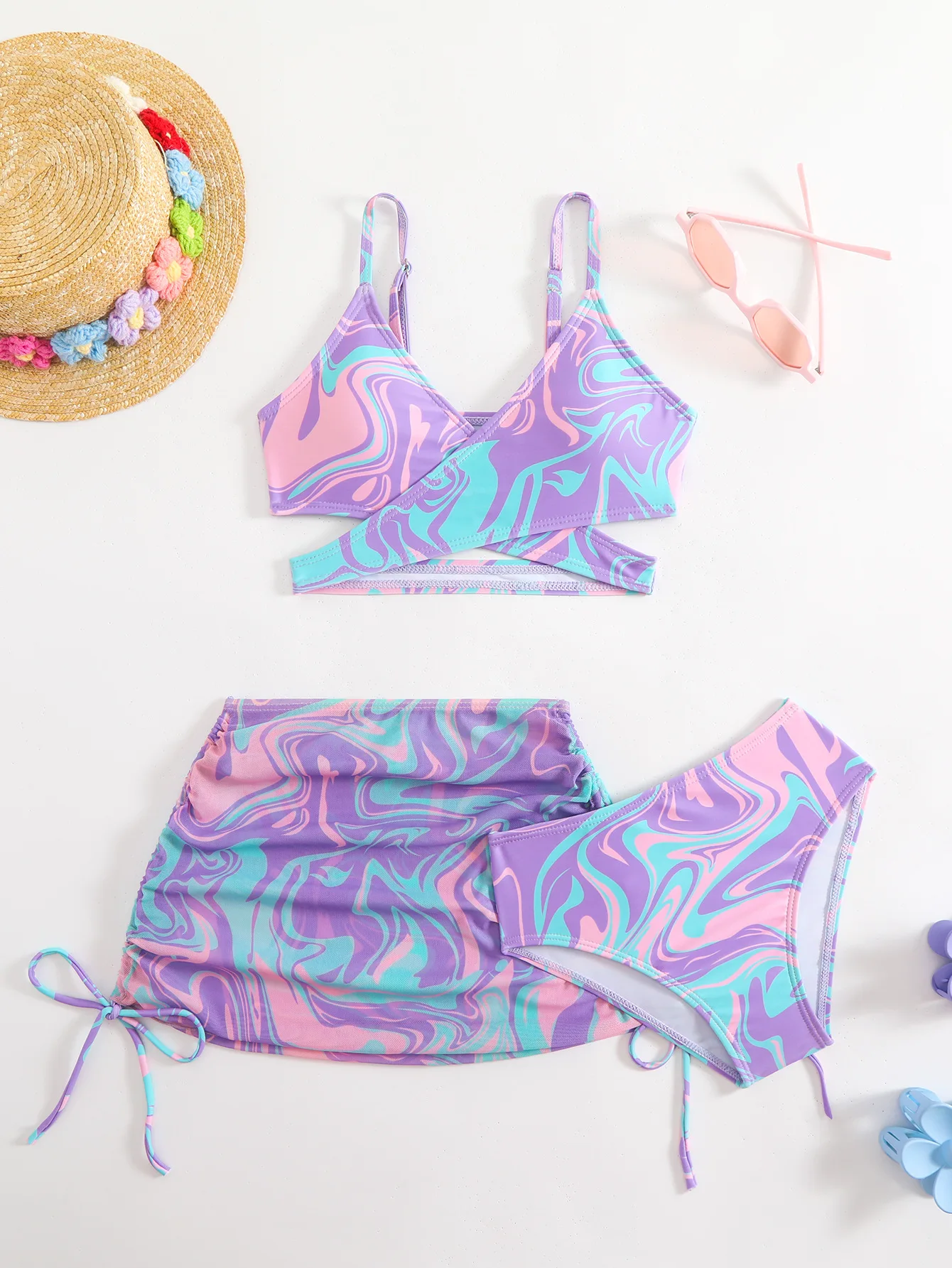 3pcs Swimming Suit for Girls Summer Beach Dress Swimsuit Tie-dye Printed Skirted Bikini Set Kids Bathing Suit