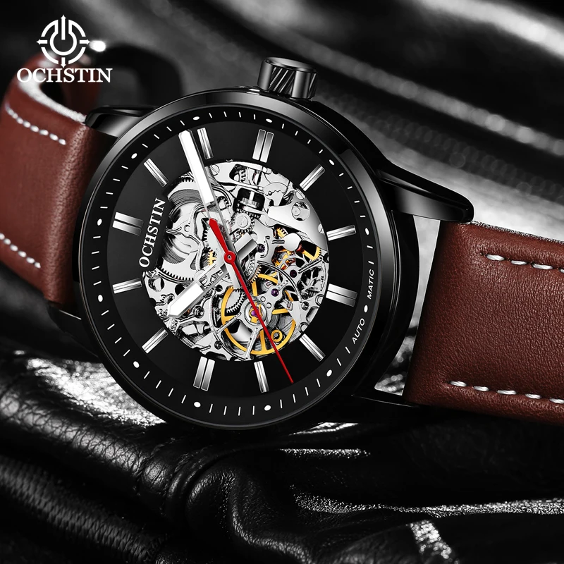 OCHSTIN 2023  Alloy Waterproof Mens Skeleton Watches Top Brand Luxury Transparent Mechanical Sport Male Wrist Watches