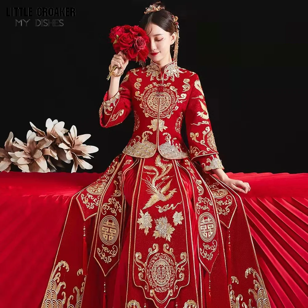 Modern Cheongsam Top + Skirt Suit Red Qipao Long Chinese Traditional Wedding Dress Oriental Style Xiuhefu Dresses