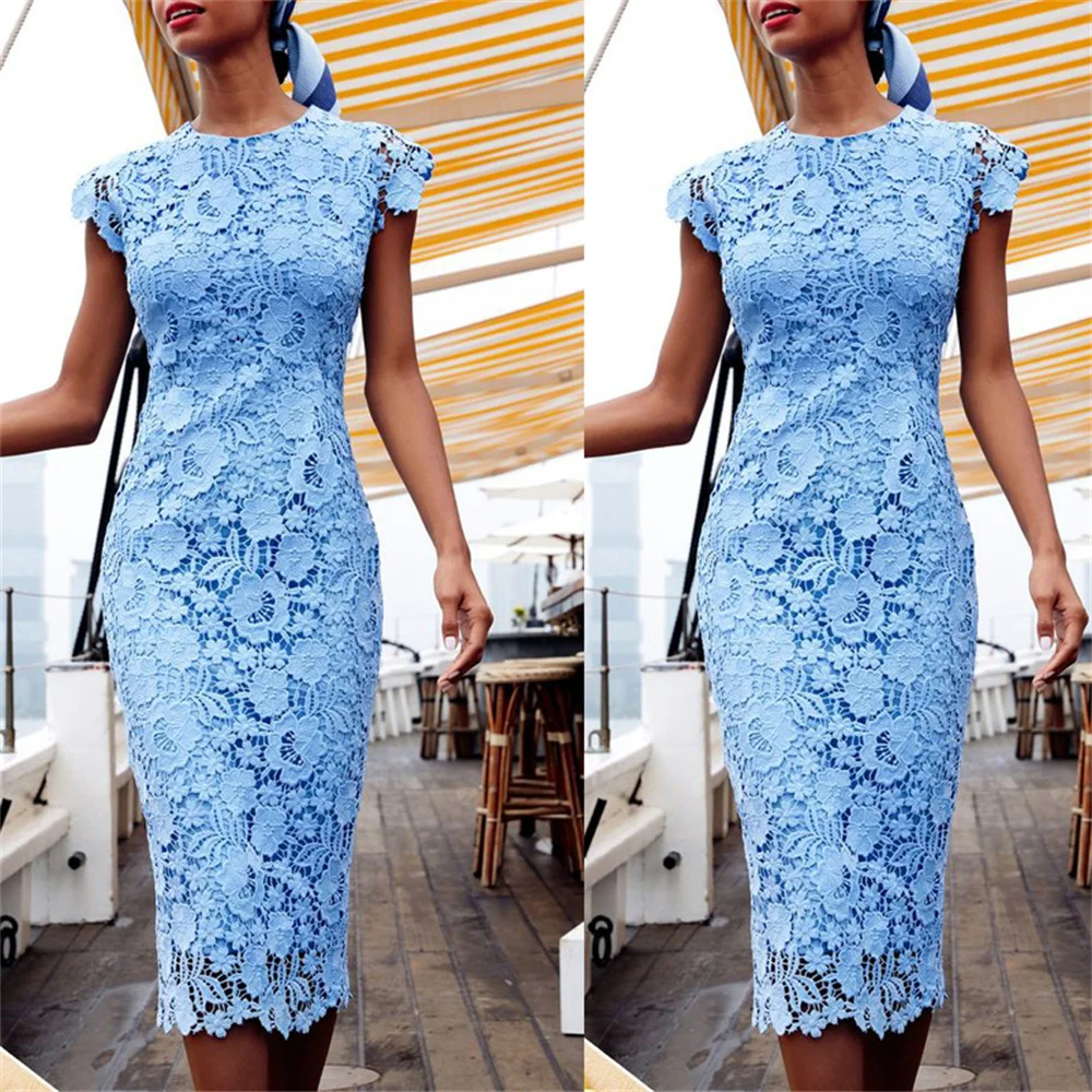 

Blue Women's Lace Dress 2023 New in Summer Casual Sleeveless Round Neck High Waist Midi Pencil Dress Ladies Formal Party Dress