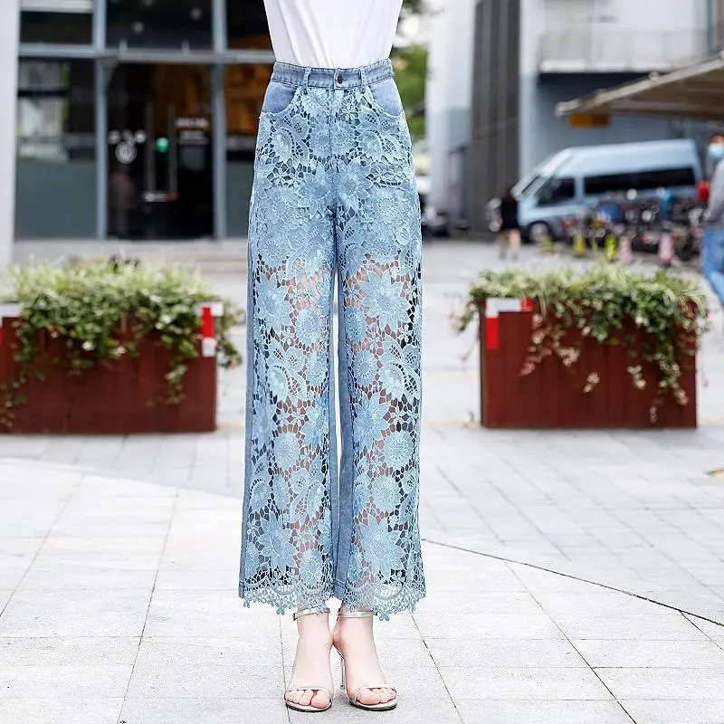 Summer New Fashion Versatile Hollow Out Lace Panel Wide Leg Jeans Women Button Zipper Pocket Casual Thin Loose Straight Pants