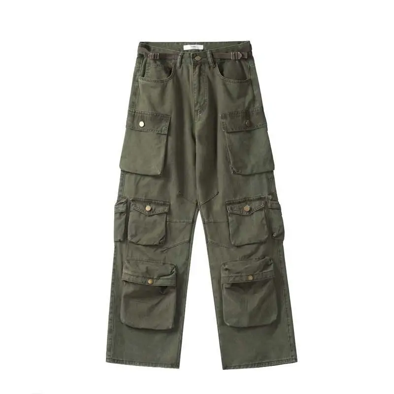 

American hiphop heavy industry function multi-pocket cargo pants men's and women's couple design sense wide leg trousers