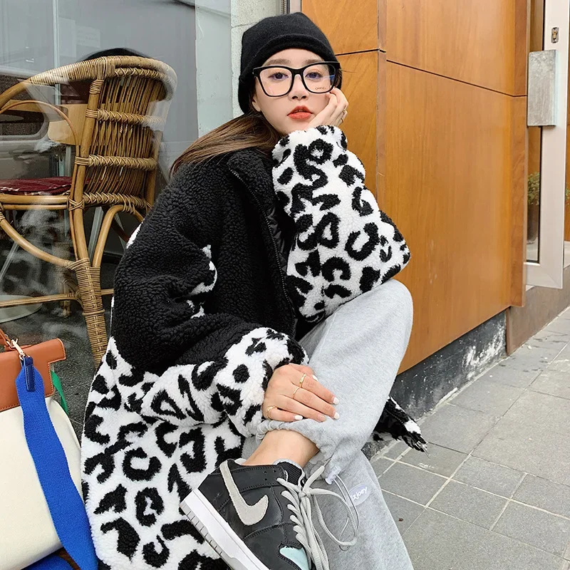 Cow Leopard Print Lapel Long-sleeved Fashion Coat Trend Faux Fur Double-sided Warmth  Winter New Women's Jacket Cute Jacket
