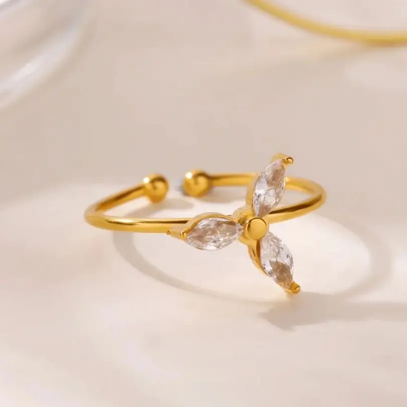 Zircon Flower Rings Gold Color Stainless Steel Crystal Adjustable Ring For Women