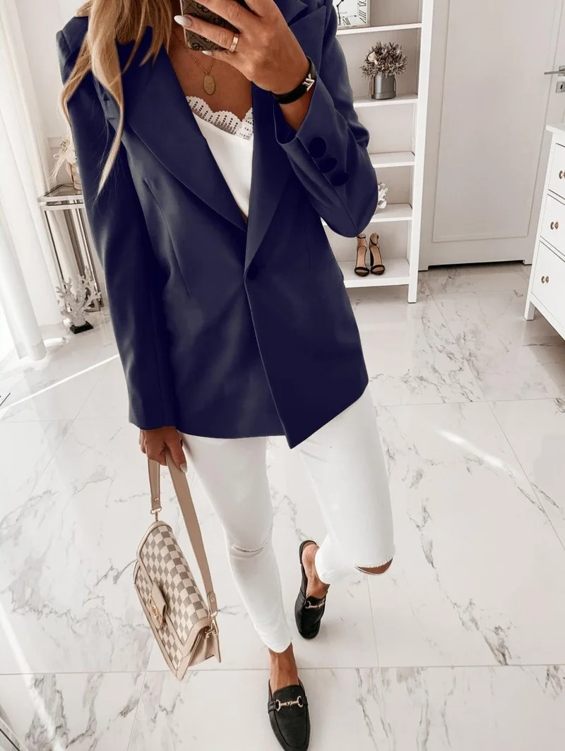 Solid Colors Long Sleeve Single Button Notched Blazer Female Office Lady Elegant Blazer 2023 New Work Clothing Commute Blazers