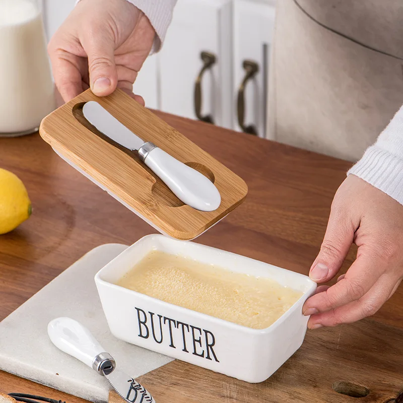 Butter Container Ceramic Box Restaurant Sealed Storage Box Cheese Dish with Knife Bamboo Lid Butter Slicer Tableware