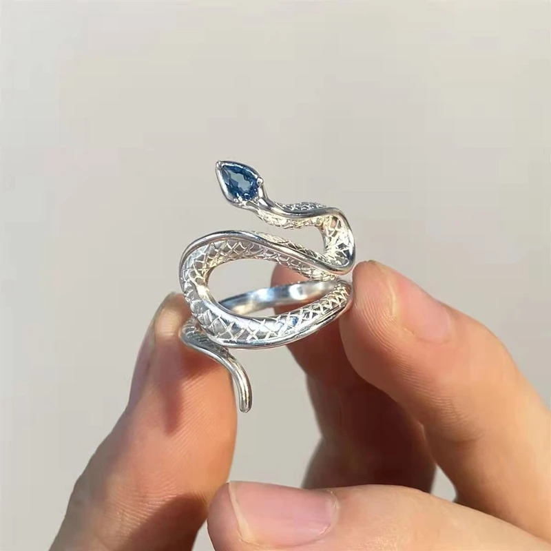 

Fashion Silver Color Snake Adjustable Rings for Women's Inlay Sea Blue Crystal Stone Opening Rings Cocktail Party Jewelry Gifts
