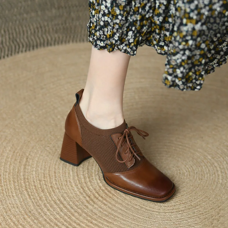 

New Retro Autumn Knitted Slim British Leather Shoes Square Toe Lace-up Deep Mouth Single Shoe Thick Heel High Heels Women