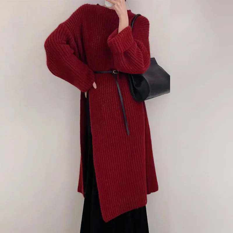 

Side Slit Knitted Dress Women Autumn Winter Loose O Neck Pullover Oversize Long Sweater Dress Korean Fashion Solid Robes T827