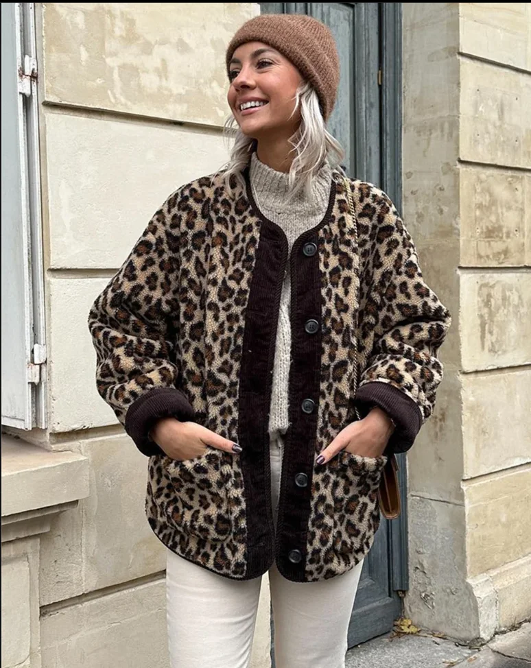 

Women Fashion Wool Jacket 2024 Autumn Winter Casual Ladies Commuter Leopard-print Lamb Wool Solid Jacket Female Outwears