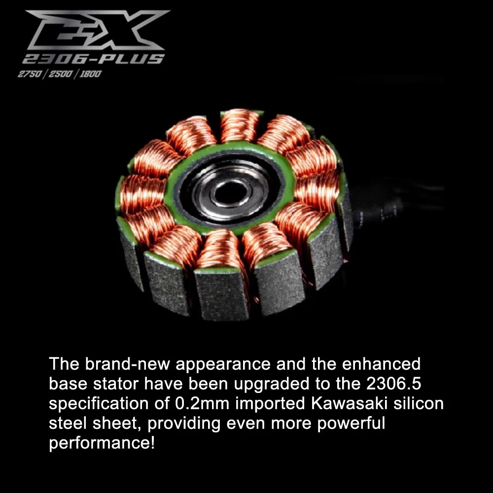 Moteur brushless 2306 pour drone FPV, montrant les enroulements de cuivre et l'axe central.