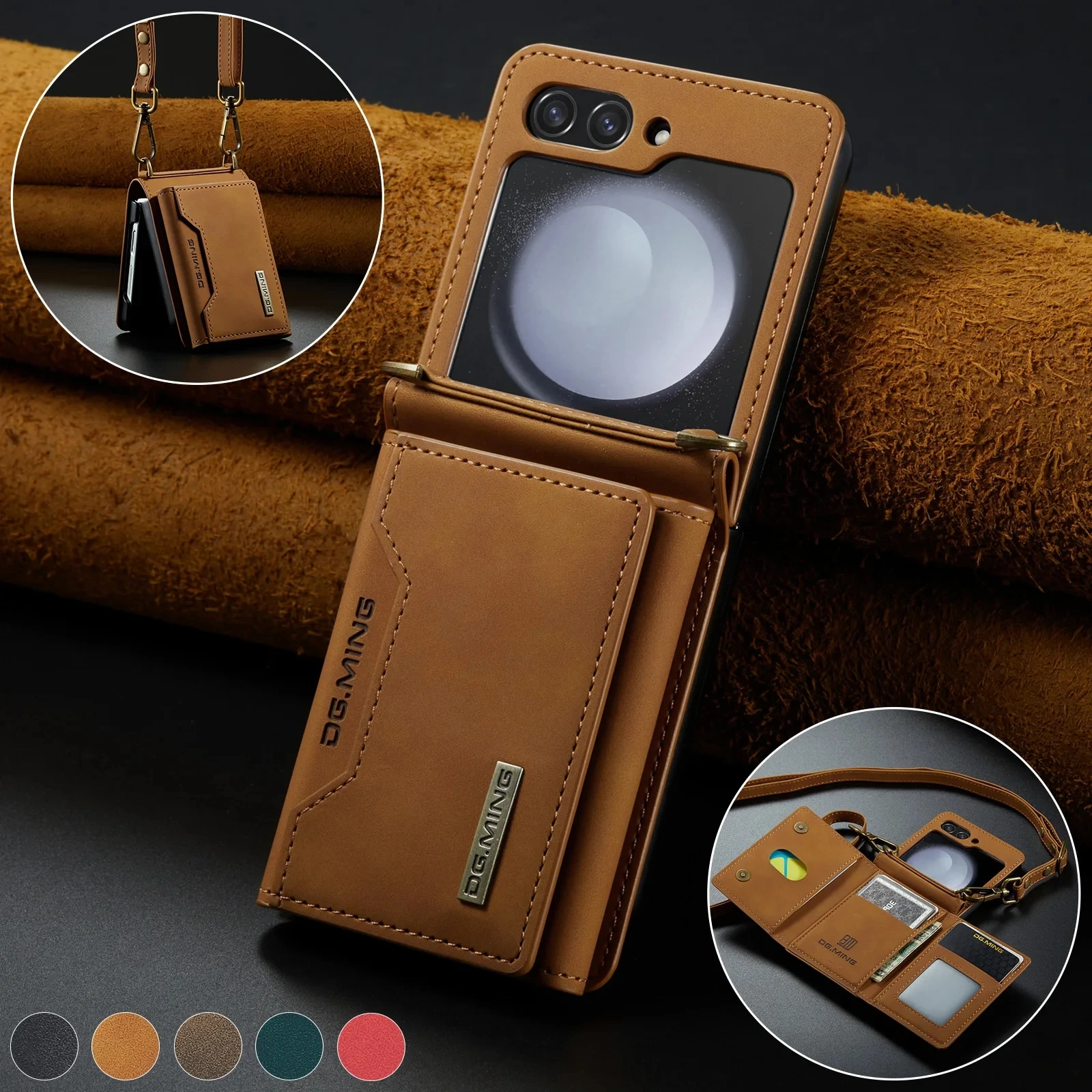 Crossbody Wallet Cards Solt Leather Case For Samsung Galaxy Z Flip 5 3 4 5G Flip5 Flip4 long Rope Bag Pocket Purse Lanyard Cover