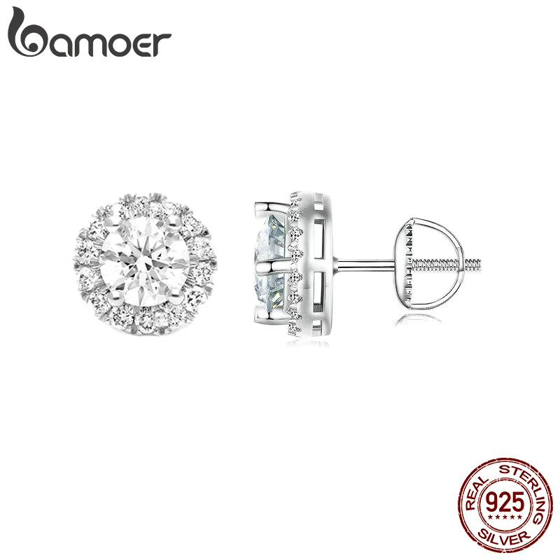 925 Sterling Silver Moissanite Halo Stud Earrings for Women Engagement Wedding Fine Jewelry Gift BAMOER silver earrings,silver stud earrings,womens earrings,studded earrings