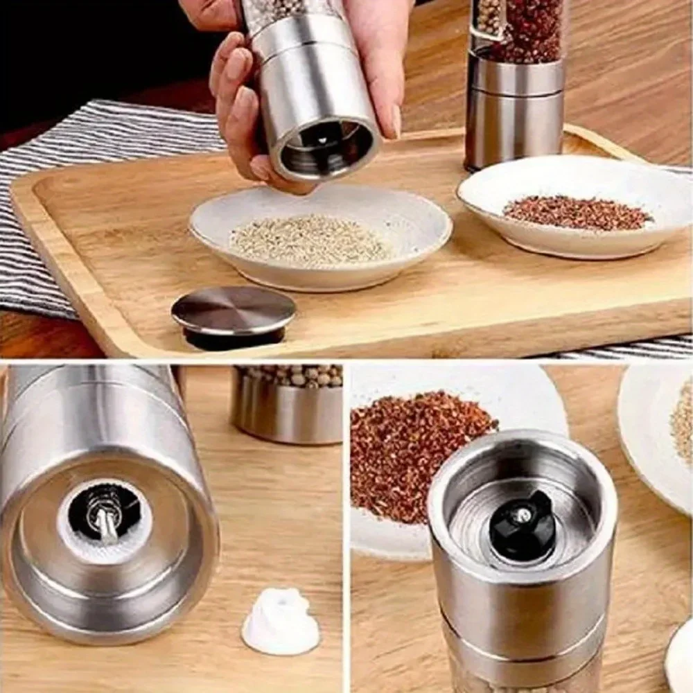 Salt Pepper Grinders With Push Button Tops Stainless Steel Base And Rod One Handed Salt And Pepper Mill Kitchen Cooking Gadgets