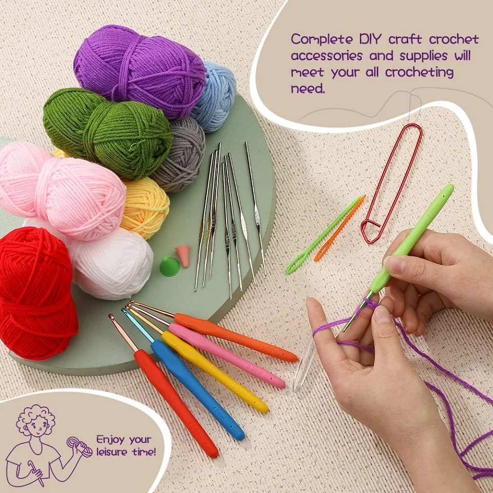 KRABALL Crochet Knitting Kit With Colorful Cotton Yarn Thread Crochet Hooks And Storage Bag for Adults DIY Handmade Craft Set