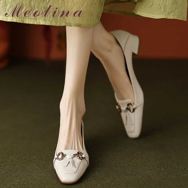 

Meotina Women Genuine Leather Flats Square Toe Metal Decoration Riband Ladies Fashion Casual Shoes Spring Autumn Khaki Beige 40