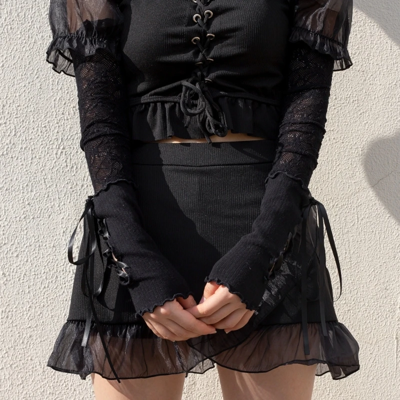 Women Banquet Detachable Lace Sleeves Spring Summer Lace up Arm Sleeves Y2K Girls Casual Sunproof Arm Cover Decoration Props