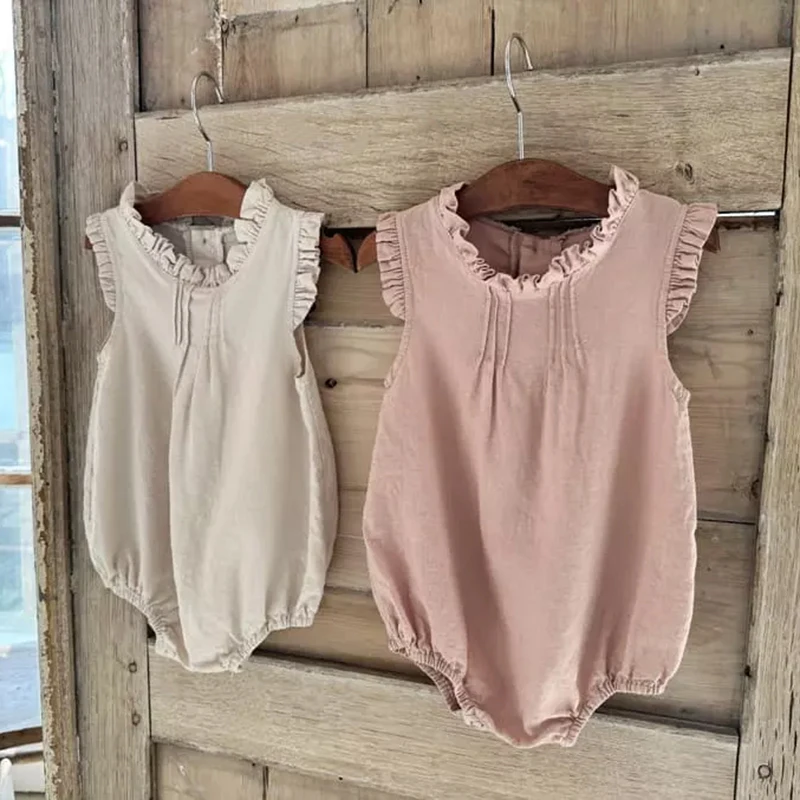 

Baby Girl Ruffle Collar Bodysuit New Summer Newborn Toddler Outfit Clothes Infant Cotton Linen Sleeveless One Piece