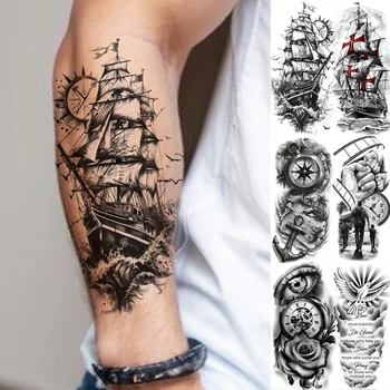 1 Sheet Waterproof Pirate Ship Sailboat Temporary Tattoos For Men Women Realistic Compass Clock Fake Tattoo Sticker Long Lasting 1