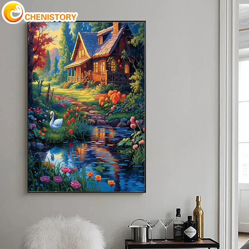 

CHENISTORY DIY Painting By Numbers Forest House Landscape Picture Coloring HandPainted Oil Painting Spring Scenery Unique Gift