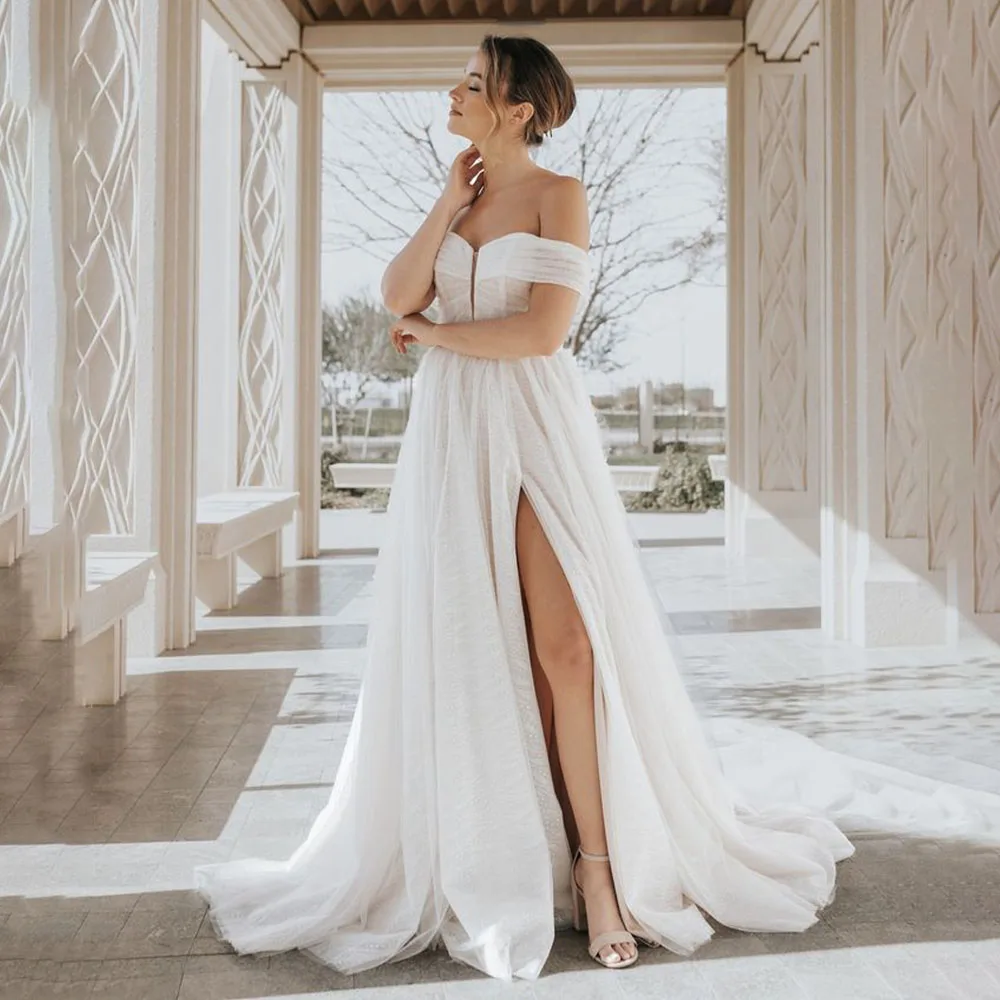 

Marvelous Off Shoulder Spotted Wedding Dresses Removable Corset Court Wedding Gowns Slit Side Backless Bridal Gown vestido de