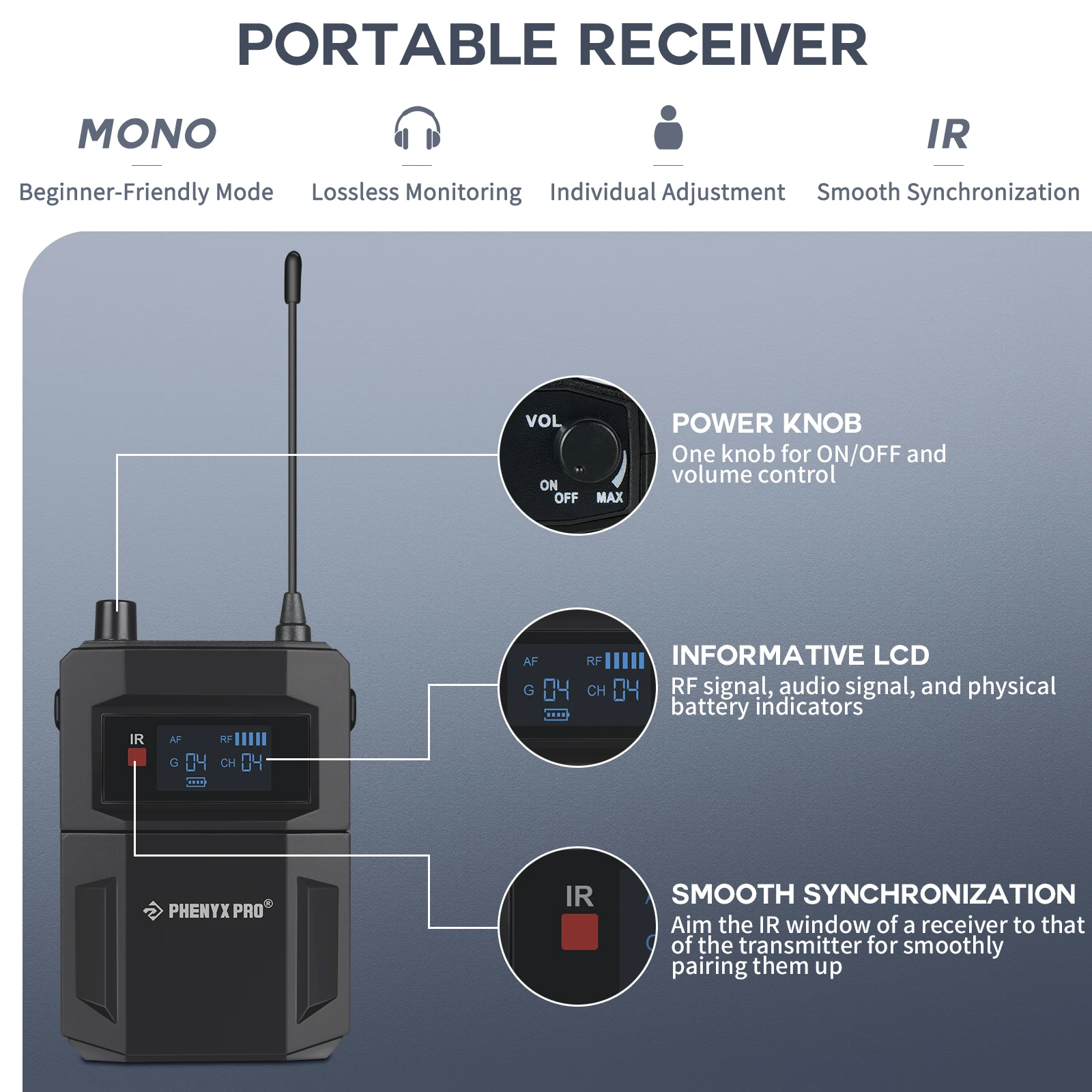 Phenyx Pro UHF Mono Dual Wireless in-Ear Audio Monitor System Metal Transmitter Sturdy Bodypack Receiver 2x50 Frequencies500MHz wireless in ear monitor