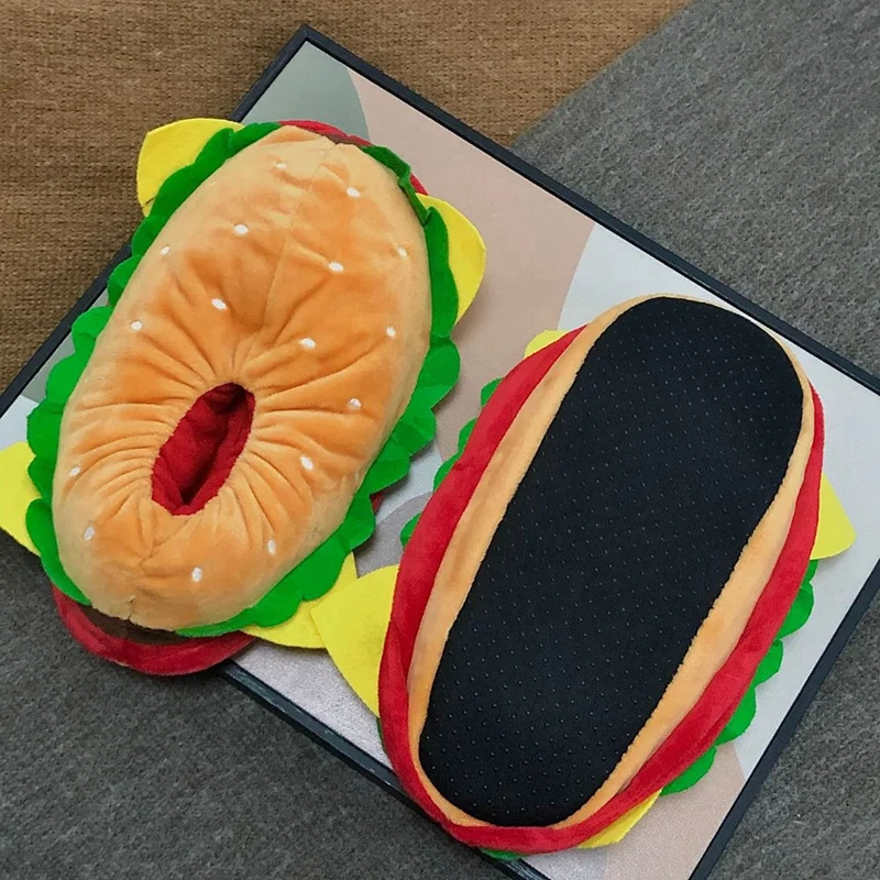 

2 Pieces Hamburger Slippers Plush Cheeseburger Slippers Cartoon Novelty House Shoe