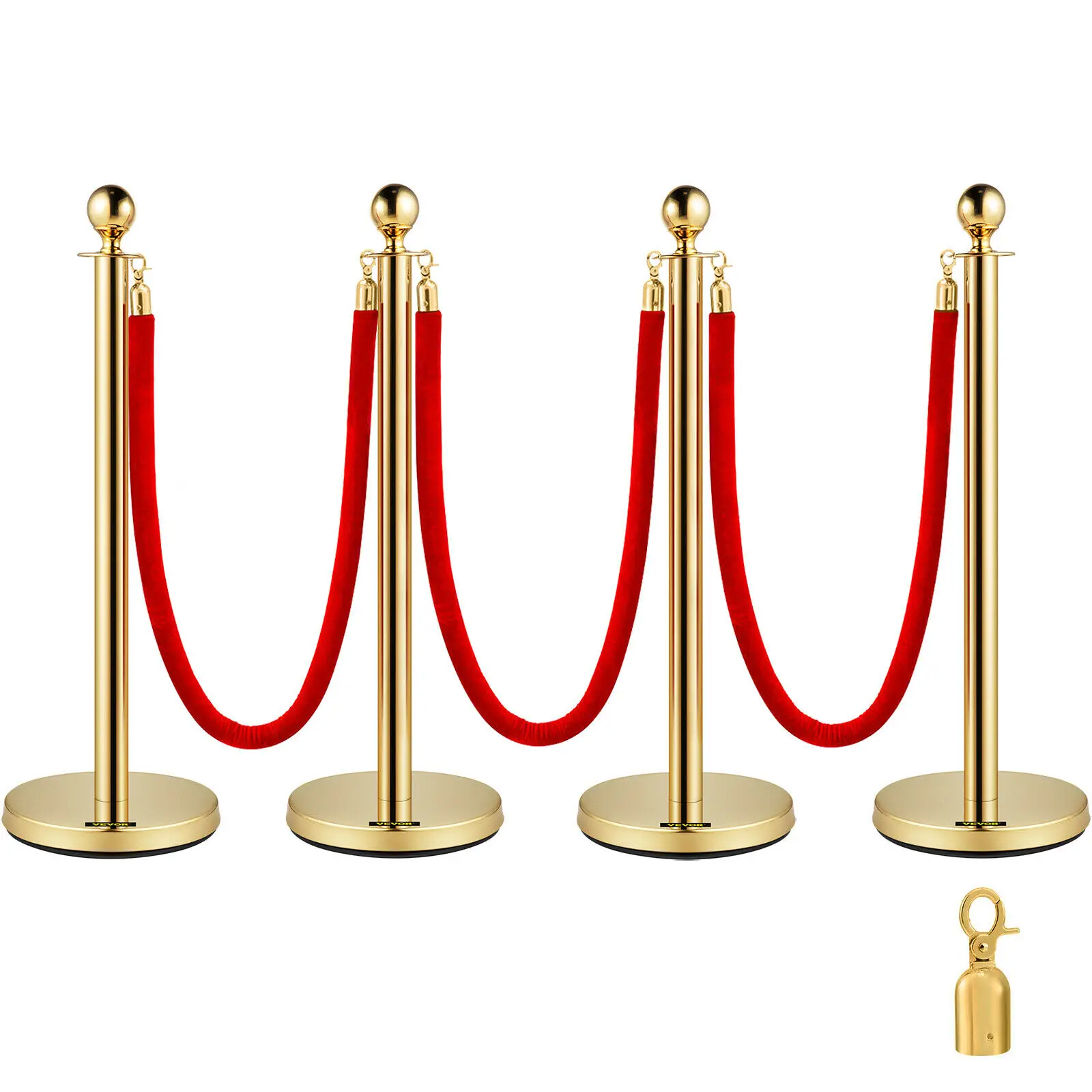 4pcs Gold Stanchion Posts Queue Pole 3 Velvet Ropes Crowd Control