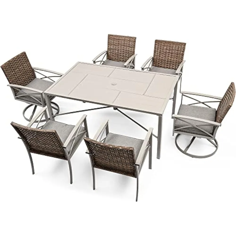 

7-Piece Patio Dining Set, Outdoor Wicker Conversation Furniture with 2 Rocking Chairs, Soft Gray Cushions and Imitation Wood