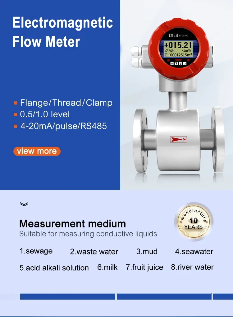 Digital Water Liquid Pulse 4-20mA RS485 HART Electromagnetic Flowmeter Corrosion