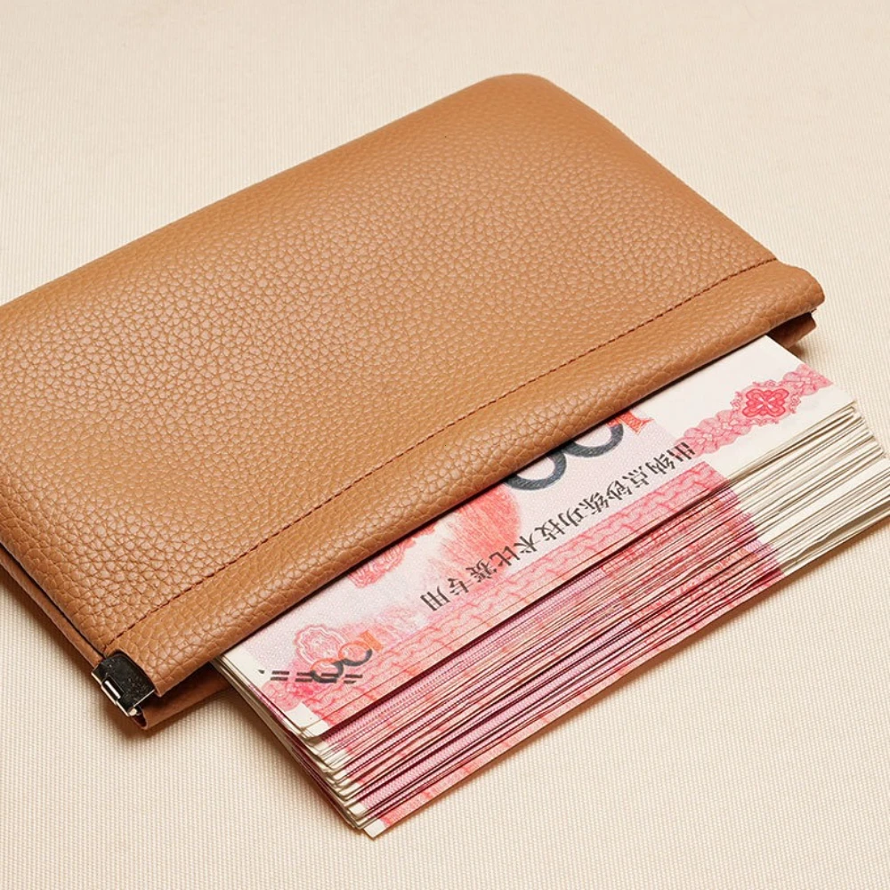 Self-closing First-layer Genuine Cowhide Long Wallet Passport Driver's License Document Holder Data Cable Cosmetic Bag Storage