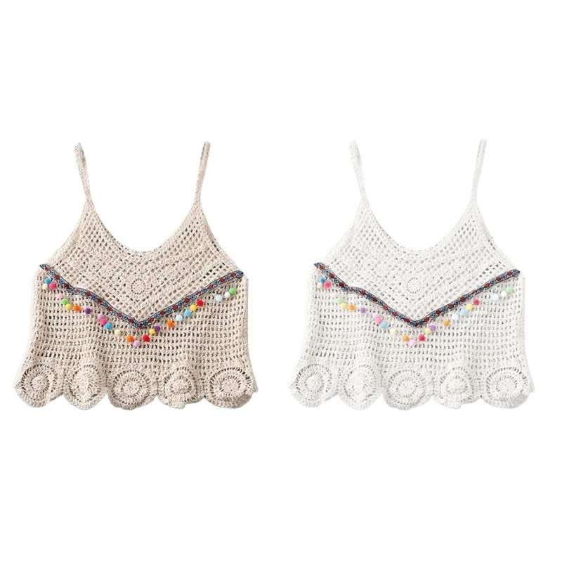 

Bohemian Crochet Top Colorful Floral Embroidery Knit Beachwear Camisole