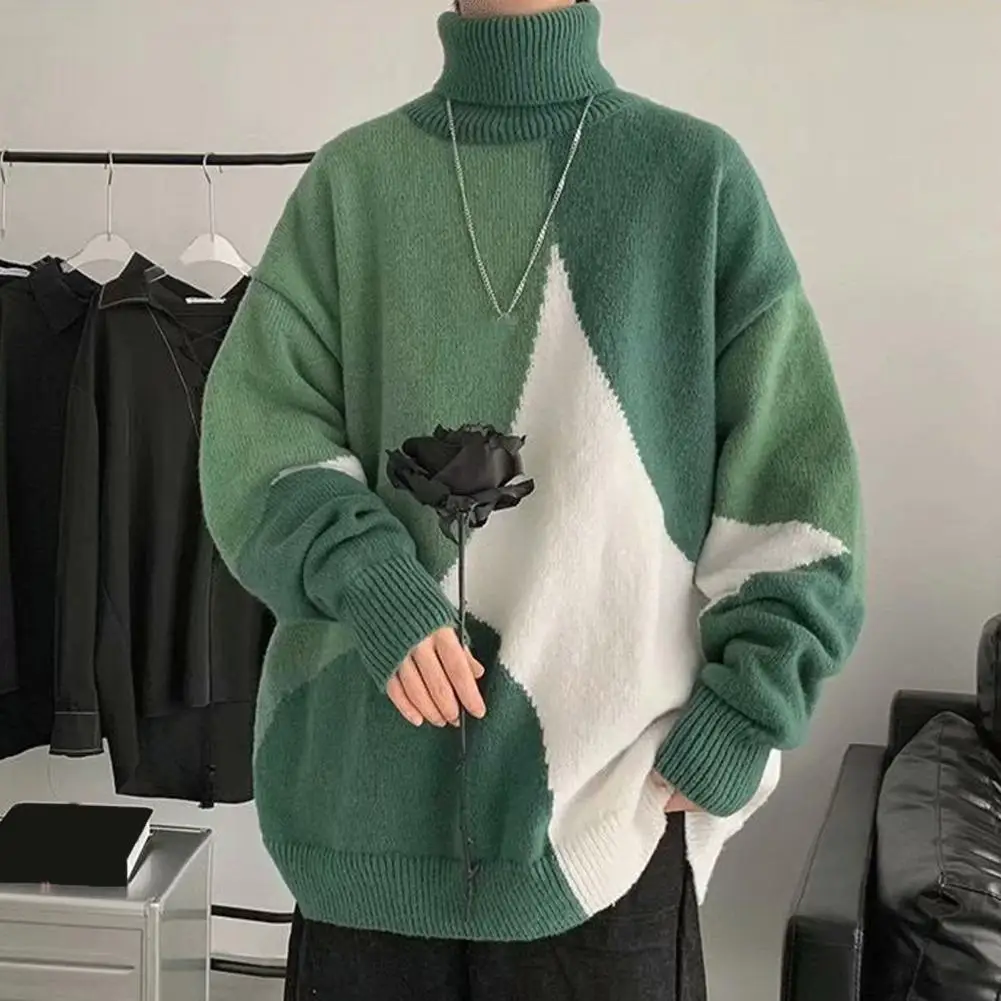 

Cold Weather Sweater Men's High Collar Colorblock Knitted Turtleneck Sweater Soft Warm Thick Pullover for Autumn Winter Casual