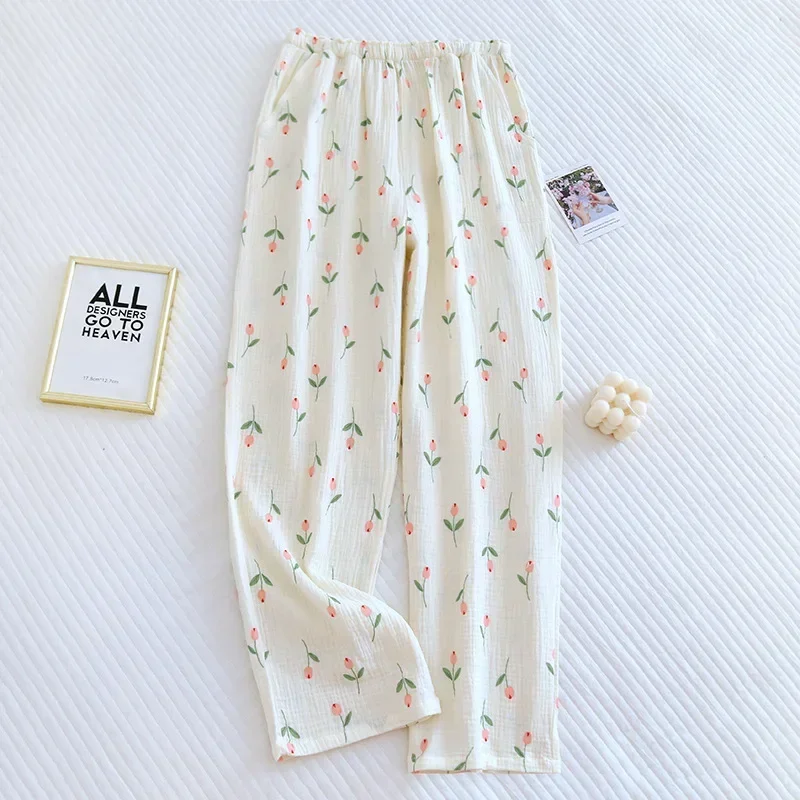 Cotton Pajama Pants Japanese Spring/Summer New Women's Pajama Pants 100% Cotton Crepe Pants Sweet and Cute Pajama Ladies Loose Home