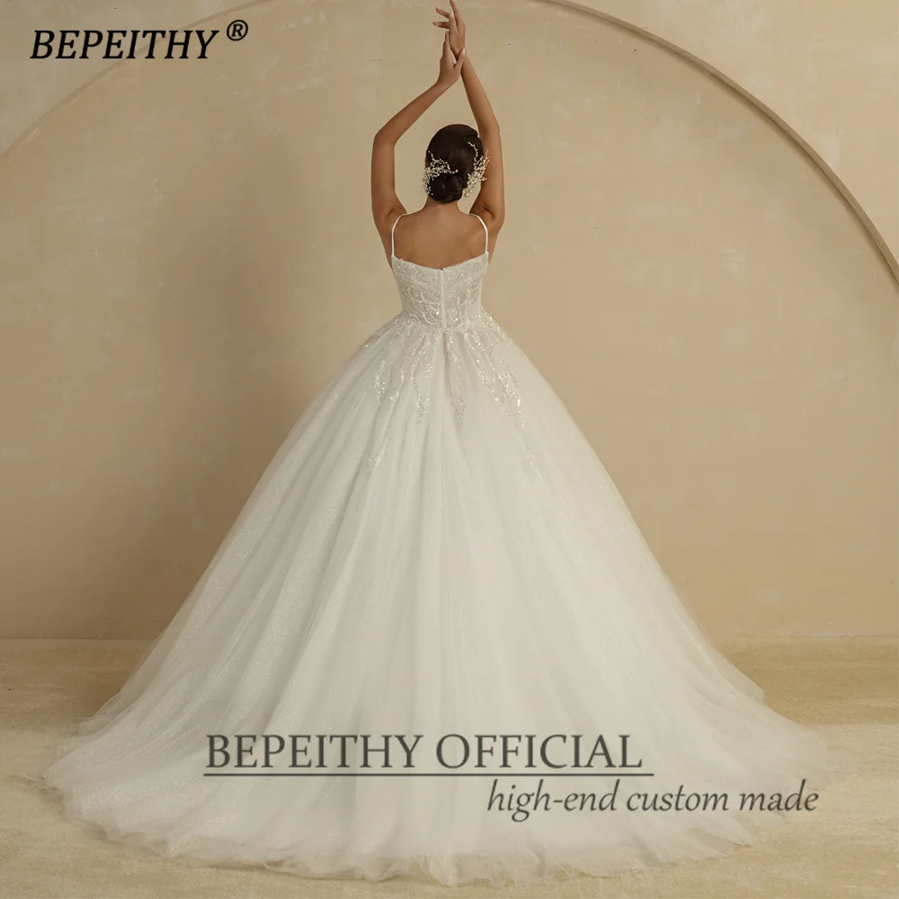 BEPEITHY Customized Luxury Wedding Dresses For Women Spaghetti Straps V Neck Court Train Glitter Bride Beading Bridal Ball Gown 2