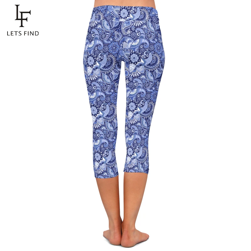 LETSFIND 2021 New Women High Waist Capri Pants 3D Beautiful Paisley Print Soft Slim Mid-Calf Casual Leggings