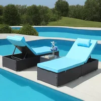 3-Piece Outdoor Patio Furniture Set Chaise, Couch Cushioned with Glass Coffee Table, Adjustable Back and Feet, Lounger Chair 1