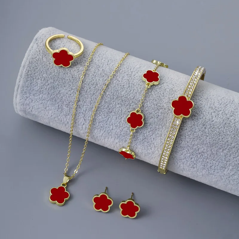 

Fashion lucky five leaf clover necklace bracelet bangle ring stud earrings jewelry 5pcs sets for women