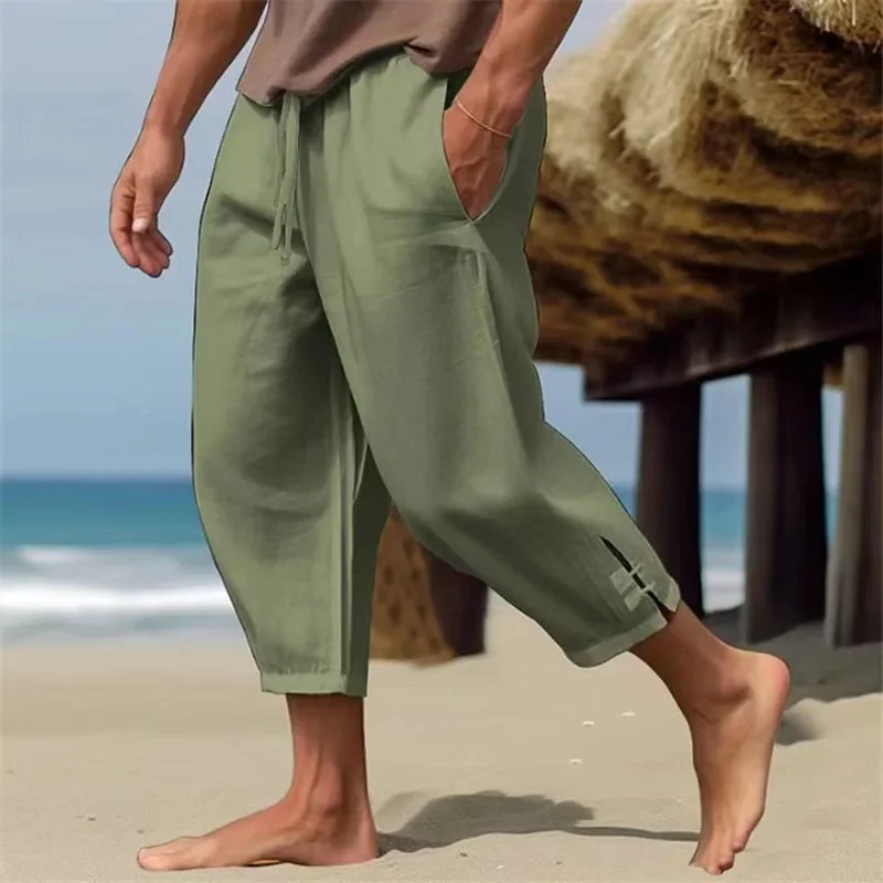 New Summer Men's Casual Pants Solid Color Elastic Waist Pockets Loose Nine-minute Pants Sports Breathable Wide-leg Harem Pants