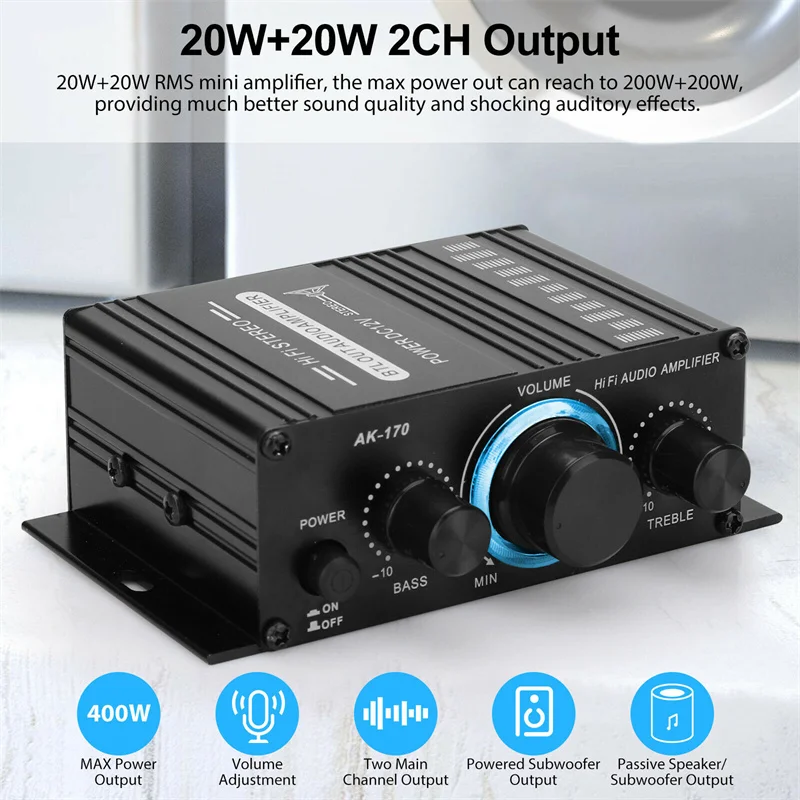 

Hi-Fi Цифровой стерео аудио усилитель мощности AK170, 2 канала, 400 Вт, 12 В, FM-радио, микрофон, автомобильный мини-усилитель звука, плата, домашний ки...