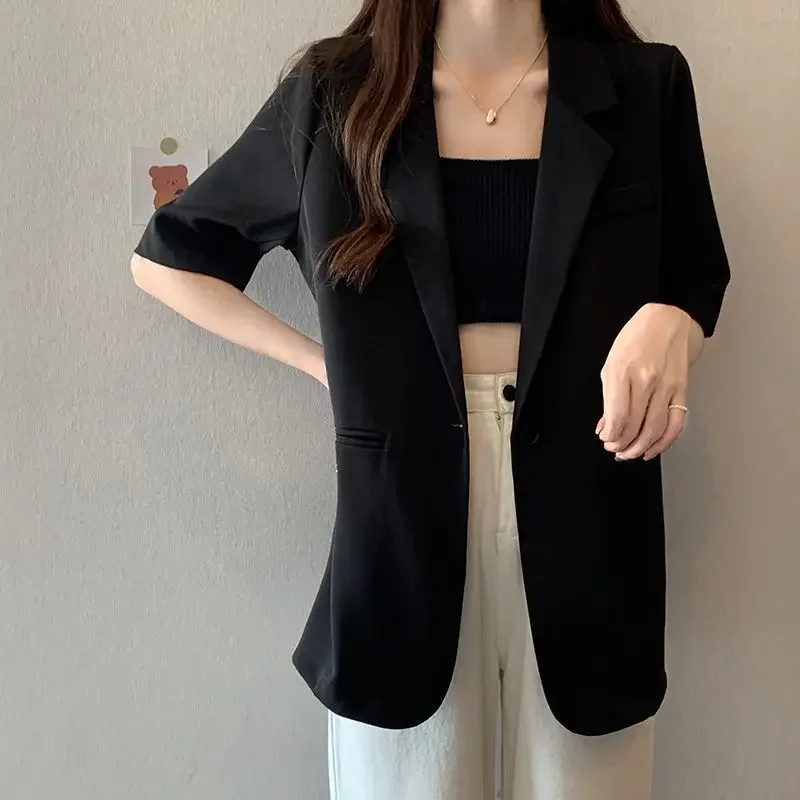 Short Sleeves Blazer Women Summer Jacket Black White Suit Korean Fashion Thin Top Casual Solid Jacket New