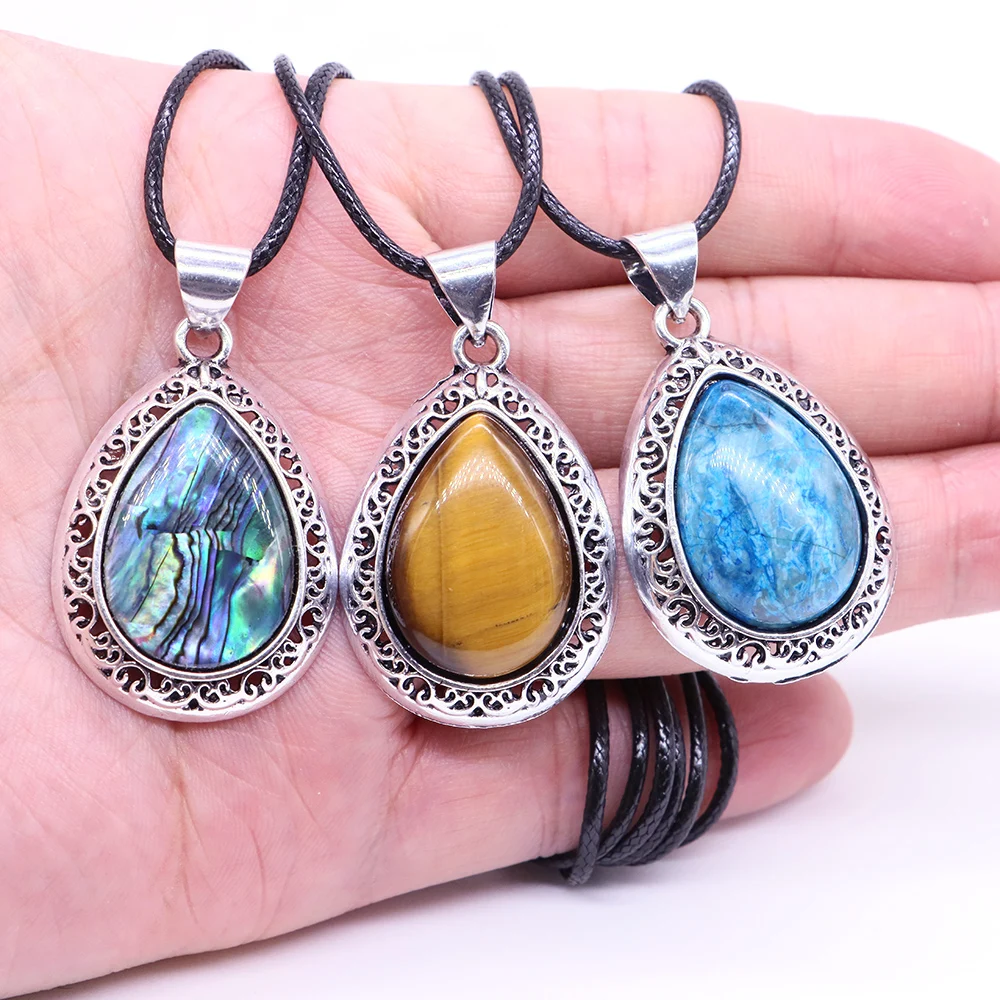 Collana di pietra naturale all'ingrosso goccia d'acqua opale di cristallo con catena in pelle pendenti di moda Reiki Healing Gemstones Gift Women