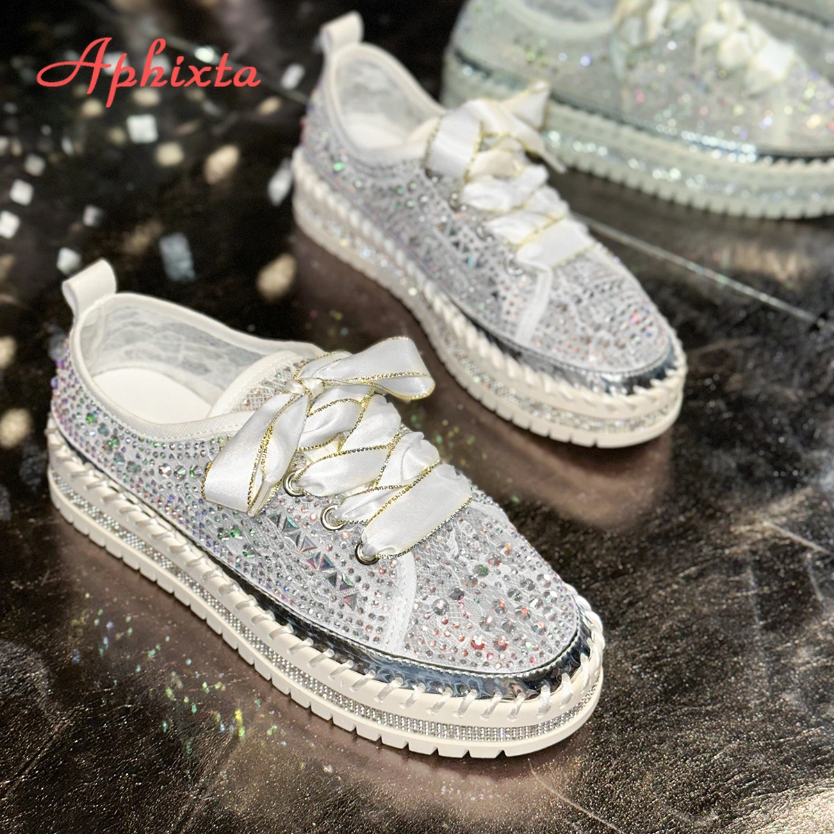 Aphixta Flat With Women Loafers Bling Crystal Flats Lace Up Design Casual Shoes Silver 3cm Heels Luxury Size 44 Ladies Shoes