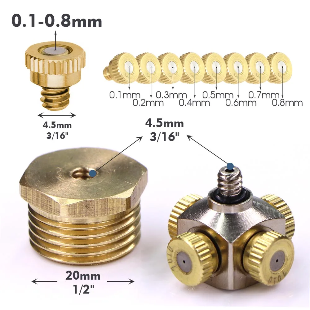 4-holes 0.1-1.0mm Fine Atomizer Sprayer Misting Nozzle 1/2" 20mm Brass Joint Garden Irrigation Humidification Cooling Watering