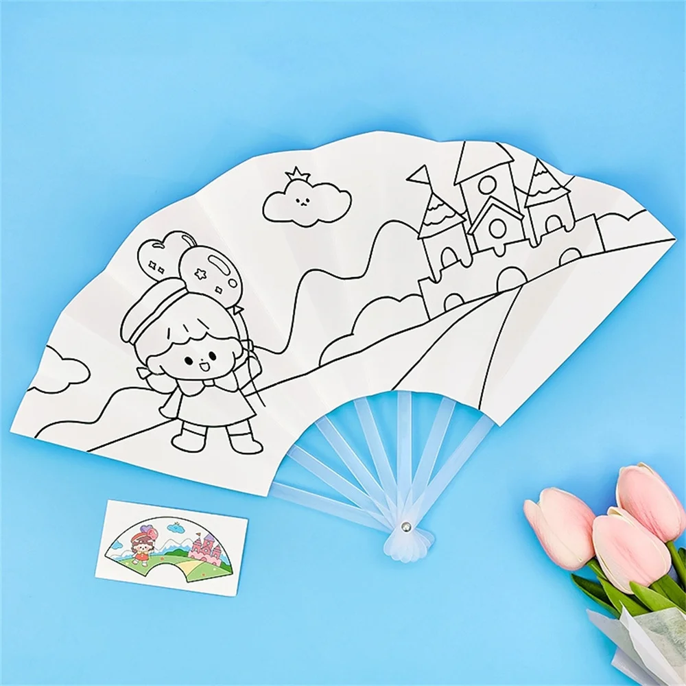 Blanks Hand Fan Folding Fan Children Diy Painting Graffiti Folding Cute Cartoon Coloring Student Artcraft Toy