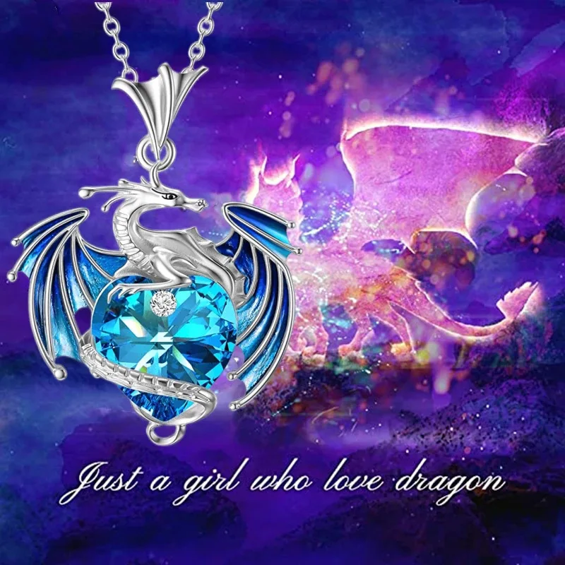 Luxury Fashion Colorful Crystal Dragon Pendant Necklace for Women Exquisite Blue Purple Dragon