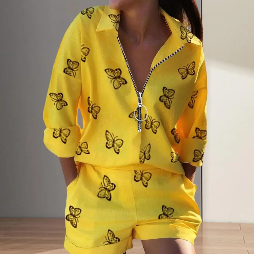 

Printed Zipper Long Sleeve Top Stylish Printed Shirt Shorts Set with Zipper Lapel High Waist Design for Women Soft Pockets Long