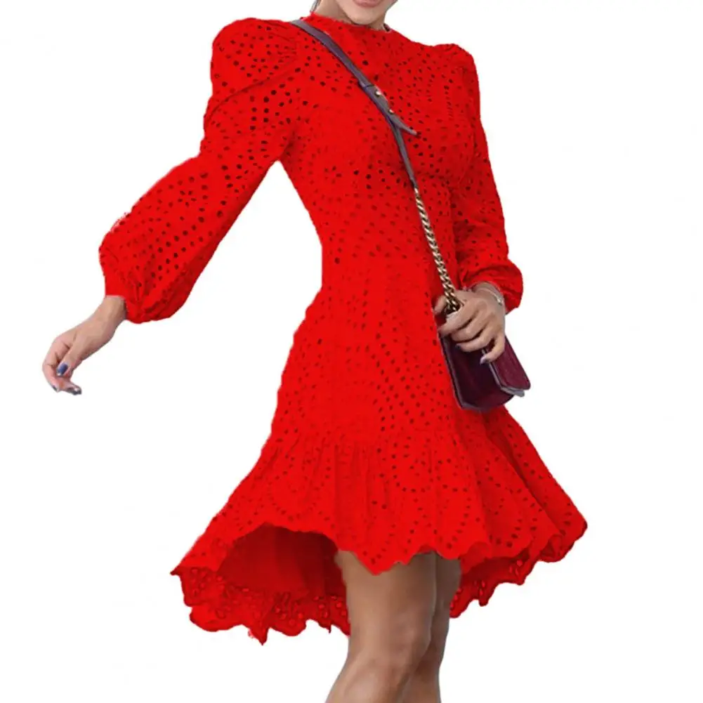 

Women Lace Dress Elegant A-line Knee Length Midi Dress with Hollow Out Long Sleeve Soft Patchwork Prom Party