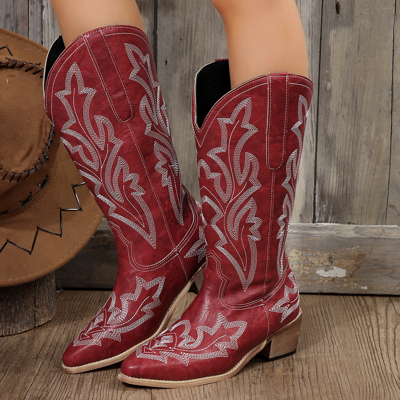 

Embroidery Cowboy Boots For Women Knee High Med Calf Vintage Western Cowgirl Boots Women Heeled Casual Shoes Autumn Block Heel